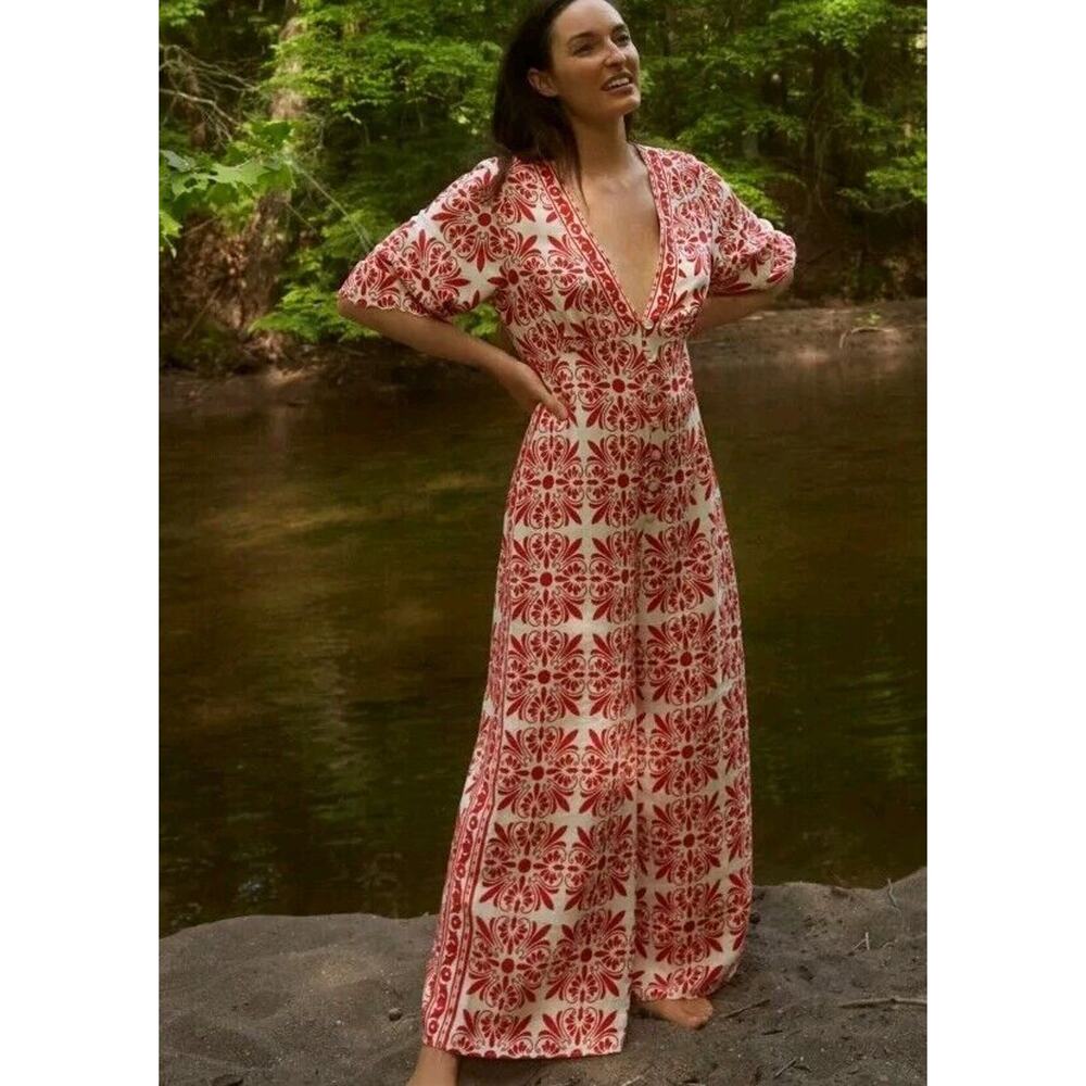 FARM RIO by Anthropologie Carmina Button-Front Jumpsuit Womens Size S Red Motif